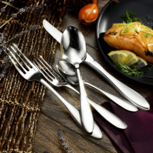 Betsy Ross Flatware on table with salmon