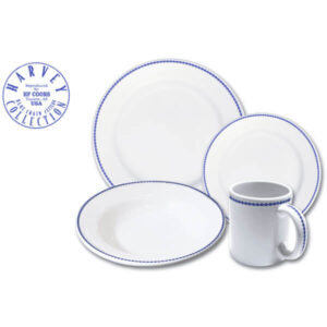 Blue chain dinnerware set shown on a white background