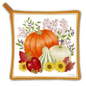 Autumn Pumpkins, gourds, apples, and flowers Potholder on white background