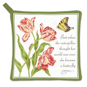 Became a butterfly potholder with flowers and caterpillar. Just when the caterpillar thought her world was over, she became a butterfly. On white background.