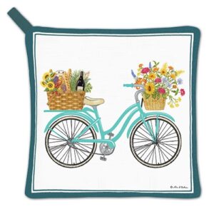 Bicycle with baskets on flowers, bread, and wine bottle Potholder on white background