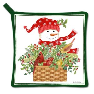 Snowman in a basket with cardinals Christmas Potholder on white background