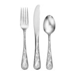 Flame fire three piece basic flatware set made in the USA shown on a white background.