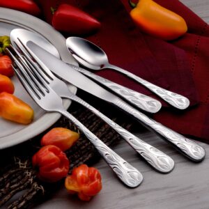 Flame fire flatware set made in the USA shown on a decorative table.