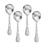 Flame fire soup spoon set of 4 flatware made in the USA shown on a white background.