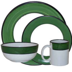 Green Spree dinnerware set sown on a white background