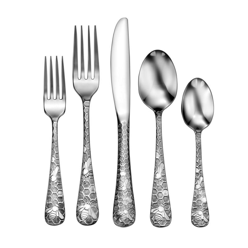 Honey Bee flatware 5 piece set shown on white background