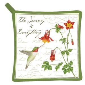 The Journey is Everything Hummingbird potholder on white background.