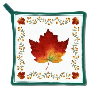Maple leaf potholder on white background.