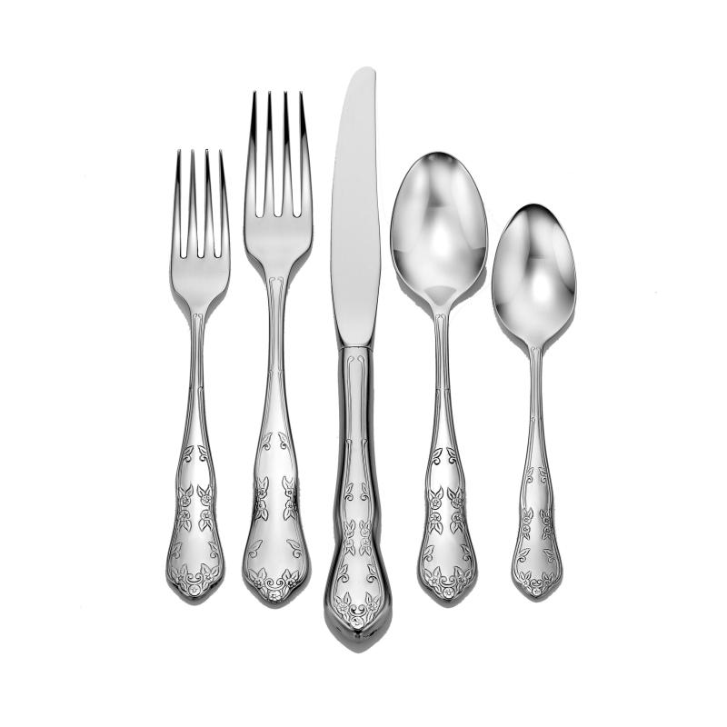 Martha Washington flatware 5-place setting made in USA on white background.