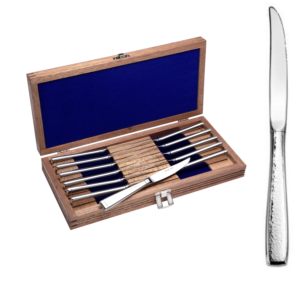 Pinehurst steak knife set of 12 with chest on white background.