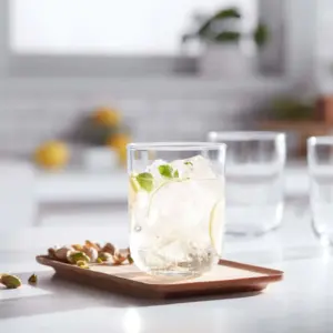 Polaris rocks glasses shown with seltzer and lime on a table with snacks