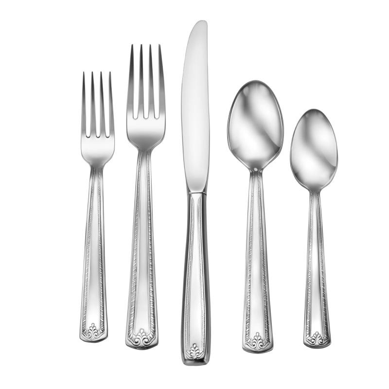 Prestige 5- piece place setting flatware set made in USA shown on a white background.