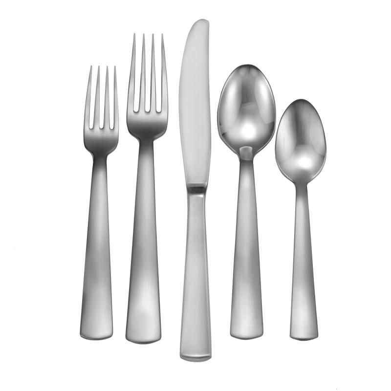 Satin America Solid Handle flatware 5pc shown on white background