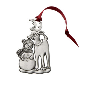 snowman and raindeer christmas ornament in pewter