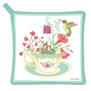 Teacup potholder with hummingbird, babies and flowers on white background
