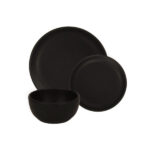 black ceramic 3 piece place setting shown on white background