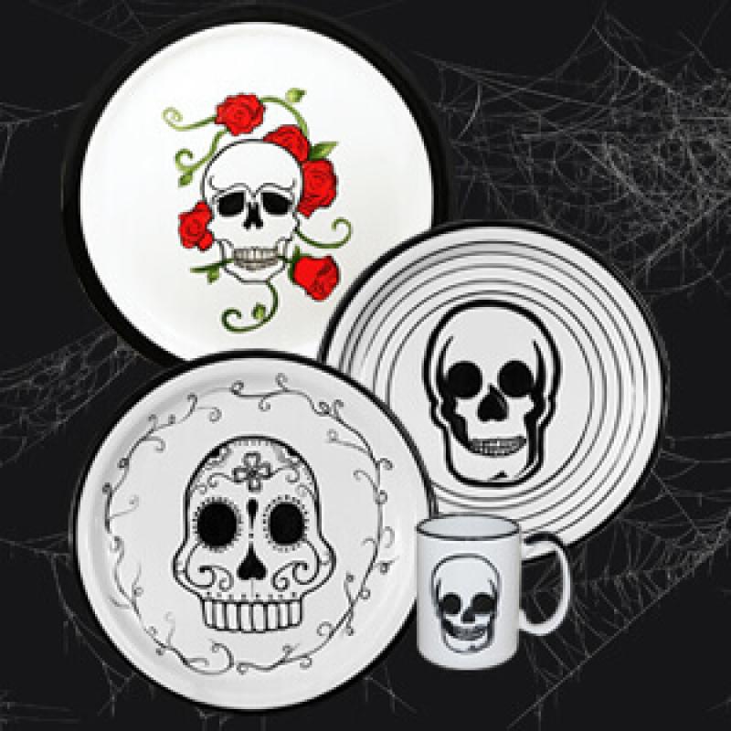 Dinnerware special designs on black background. Skull with rose dinner plate. Sugar skull with vine dinner plate. Skull with swirls dinner plate. Skull mug.
