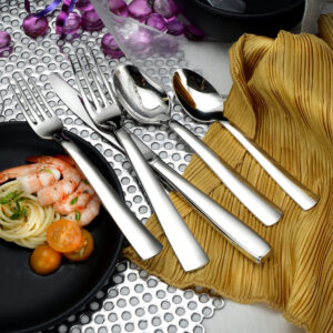 New Year's Sale Modern America 5 piece place setting with hollow handle knife shown on decorative table