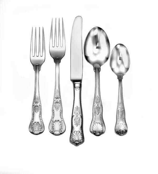 Sheffield 5 piece place setting flatware shown on white background.
